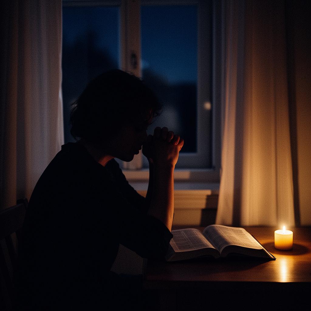 Silueta en oración nocturna junto a una Biblia abierta